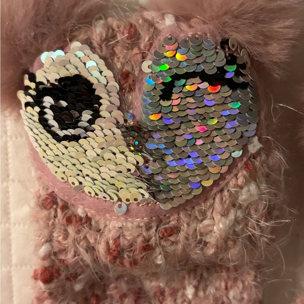 The Children's Place Pink Fuzzy Mittens with Sequin Hearts that reverse to sleep